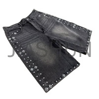 Y2K Distressed Denim Shorts with Rhinestone Diamond