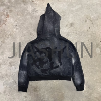 Vintage Acid Wash Oversized Heavyweight Zip-Up Rhinestone Hoodie