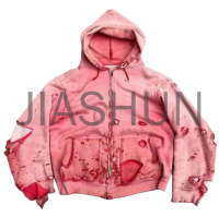 Distressed Acid Wash French Terry Cotton Zip-Up Hoodie