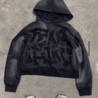 Vintage Acid Wash Oversized Heavyweight Zip-Up Rhinestone Hoodie