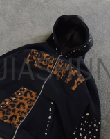 Vintage Acid Wash Zip-Up Hoodie with Rhinestone & Digital Print