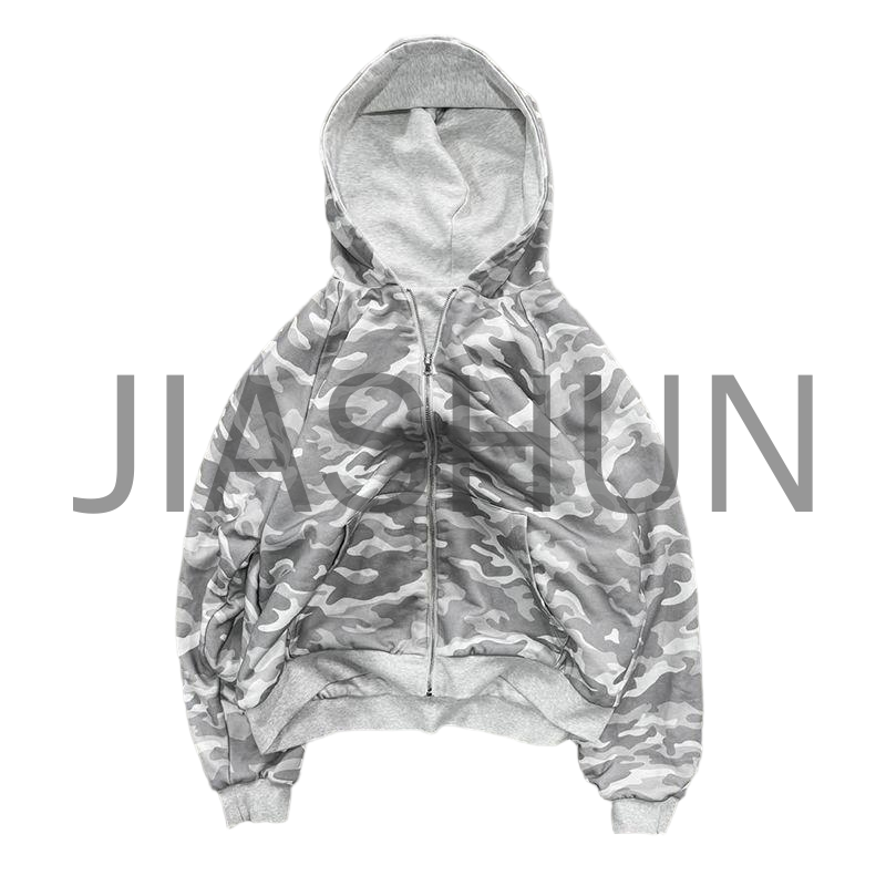 Vintage Camo Distressed Oversize Reversible Zip-Up Hoodie