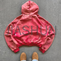 Enzyme Wash Distressed Sun Faded Oversized Zip-Up Hoodie