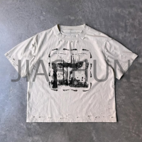 Vintage Wash Distressed Oversized Cropped T-Shirt with Graphic Print