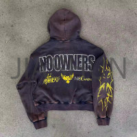 Vintage Wash Distressed Flower Screen Print Hoodie