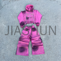 Zipper Sun Faded Washed Logo Tracksuit with Rhinestone