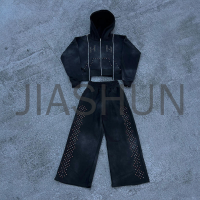 Zipper Sun Faded Washed Logo Tracksuit with Rhinestone