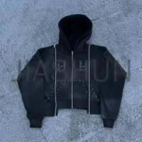 Zipper Sun Faded Washed Logo Tracksuit with Rhinestone