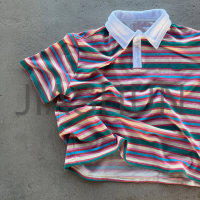 Boxy Fit Striped Logo Polo Shirt with Color Block Contrast Collar