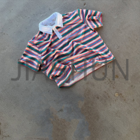 Boxy Fit Striped Logo Polo Shirt with Color Block Contrast Collar