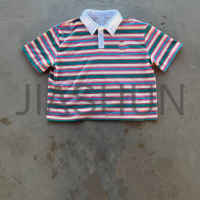 Boxy Fit Striped Logo Polo Shirt with Color Block Contrast Collar
