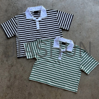 Boxy Fit Striped Logo Polo Shirt with Color Block Contrast Collar