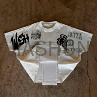 Cotton Oversized Boxy Cropped Patchwork T-Shirt with DTG Print