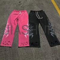 Acid Wash Flared Sweatpants with Rhinestone Distressed DTG Print