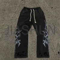 Acid Wash Flared Sweatpants with Rhinestone Distressed DTG Print