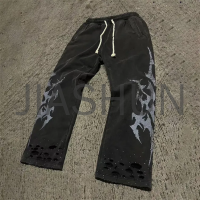 Acid Wash Flared Sweatpants with Rhinestone Distressed DTG Print