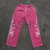 Acid Wash Flared Sweatpants with Rhinestone Distressed DTG Print
