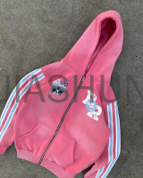 Sun-Fade Vintage Washed Drop Shoulder Zip Hoodie with Graphic Print