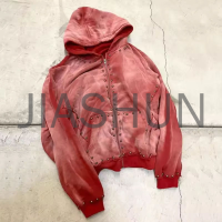 French Terry Acid Wash Zip-Up Hoodie Rhinestone Rivet