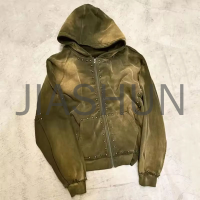 French Terry Acid Wash Zip-Up Hoodie Rhinestone Rivet