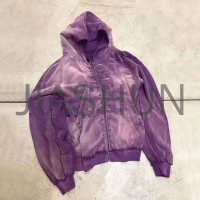 French Terry Acid Wash Zip-Up Hoodie Rhinestone Rivet