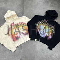 Heavyweight Cotton Oversized Graphic Zip-Up Hoodie with Rhinestones