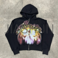 Heavyweight Cotton Oversized Graphic Zip-Up Hoodie with Rhinestones