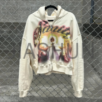 Heavyweight Cotton Oversized Graphic Zip-Up Hoodie with Rhinestones