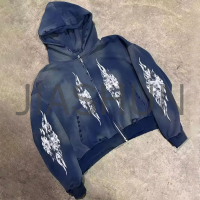 Distressed Logo Print Zip-Up Hoodie