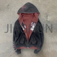 Sun Faded Acid Wash Hoodie with Zipper and Print