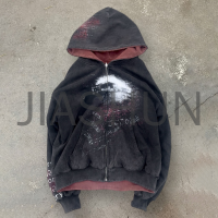 Sun Faded Acid Wash Hoodie with Zipper and Print