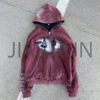 Sun Faded Acid Wash Hoodie with Zipper and Print