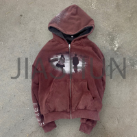 Sun Faded Acid Wash Hoodie with Zipper and Print