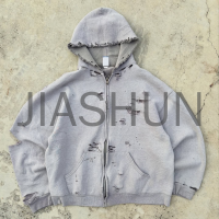Stone Wash Oversized Dip-Dyed Distressed Ripped Hoodie