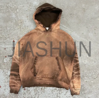 Drop Shoulder Sun-Faded Acid Wash Distressed French Terry Hoodie