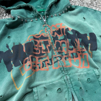 Acid Wash Vintage Distressed French Terry Zip-Up Hoodie