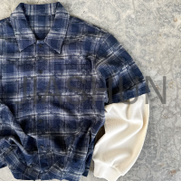 2-Layer Flannel Plaid Waffle Button Shirt with Embroidery