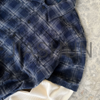 2-Layer Flannel Plaid Waffle Button Shirt with Embroidery