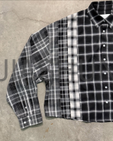 Oversize Flannel Shirt with Button Plaid Patchwork