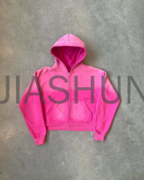 Vintage Distressed Acid Wash Zip-Up Hoodie with Rhinestone Rivets