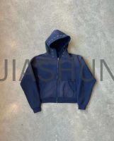 Vintage Distressed Acid Wash Zip-Up Hoodie with Rhinestone Rivets