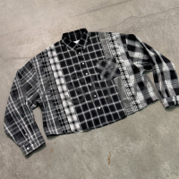 Oversize Flannel Shirt with Button Plaid Patchwork