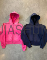 Vintage Distressed Acid Wash Zip-Up Hoodie with Rhinestone Rivets