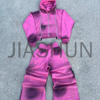 Black Dirty Acid Wash Tracksuit Set with Rhinestone