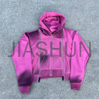Black Dirty Acid Wash Tracksuit Set with Rhinestone