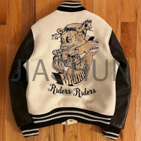 Black Leather Sleeve Chenille Embroidered Varsity Jacket
