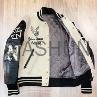 Black Leather Sleeve Chenille Embroidered Varsity Jacket