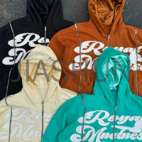 Acid Wash Distressed Triple-Zipper Hoodie with 3D Puff Print