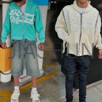 Acid Wash Distressed Triple-Zipper Hoodie with 3D Puff Print
