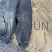 Distressed Acid Wash French Terry Zip Hoodie Embroidery Patch